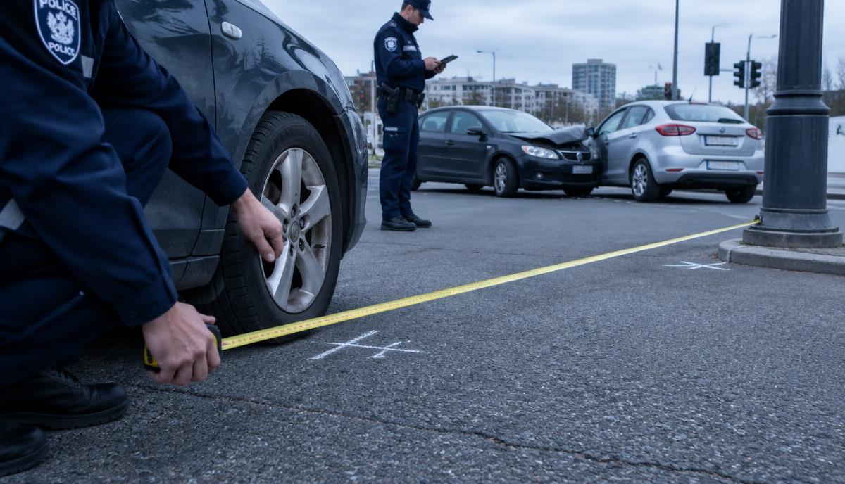 Agent mesurant amb cinta mètrica des de la roda d'un vehicle fins a un fanal en una cruïlla