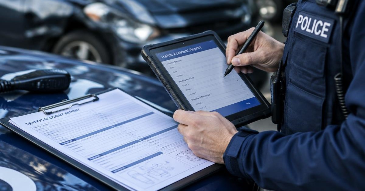 Agent emplenant l'informe d'un accident de trànsit en una tauleta